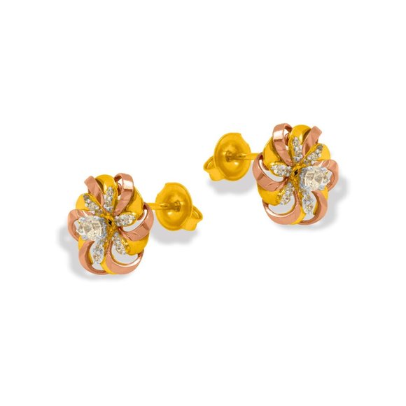 14k REAL GOLD Fancy Flower Stud CZ Earrings 12MM - Picture 3 of 4